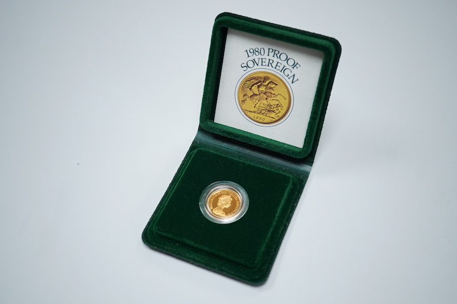 British Gold coins, QEII, gold proof sovereign, 1980, in case of issue with certificate
